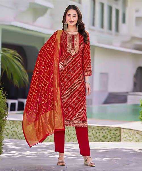 Red Rayon Casual Wear Salwar Kameez