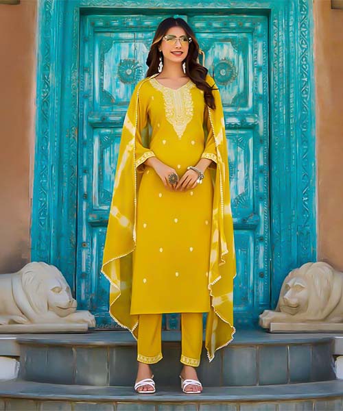 Yellow Liva Rayon Casual Wear Salwar Kameez in lichfield