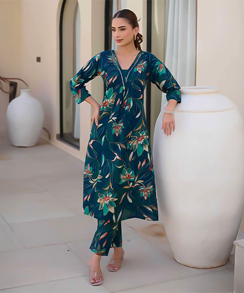 Blue Cotton Printed Kurti