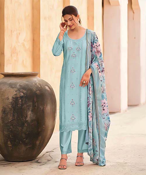 Sky Blue Jam Cotton Casual Wear Salwar Kameez in australia
