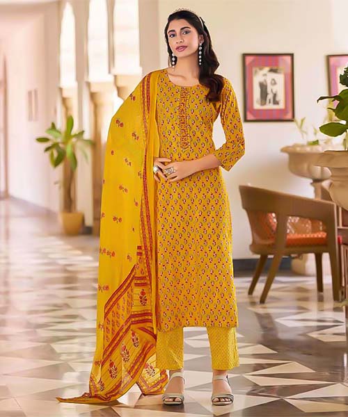 Yellow  Cotton Casual Wear Salwar Kameez