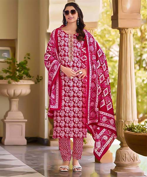Red Cotton Casual Wear Salwar Kameez