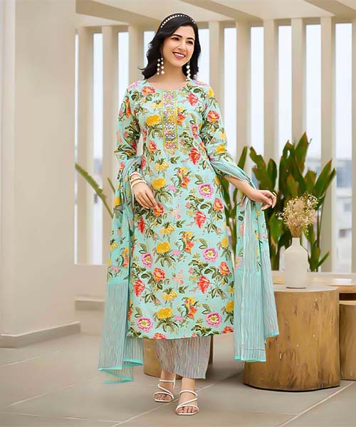 Cyan  Cotton Casual Wear Salwar Kameez in oxford