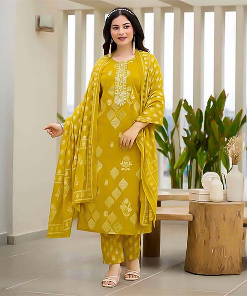 Yellow Cotton Casual Wear Salwar Kameez in oxford