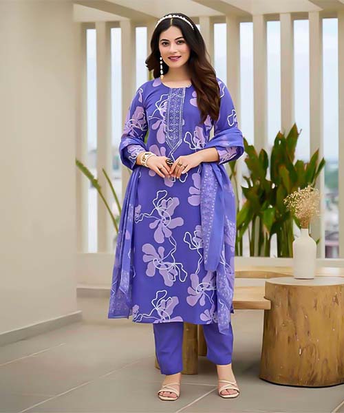 Violet Cotton Casual Wear Salwar Kameez in oxford
