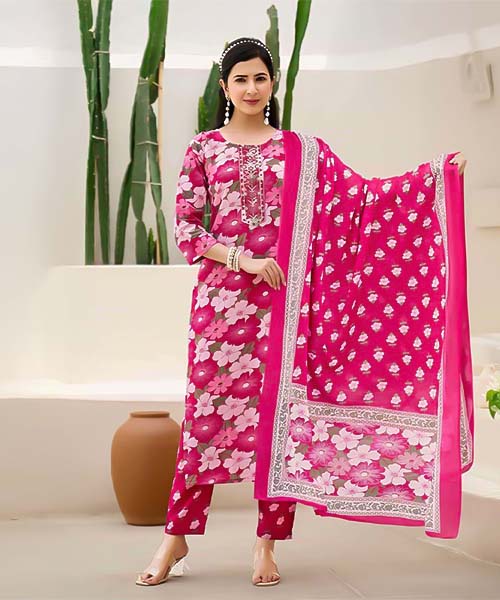 Magenta Cotton Casual Wear Salwar Kameez in oxford