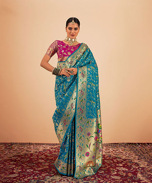 Sky Blue Paithani Silk Party Wear Saree