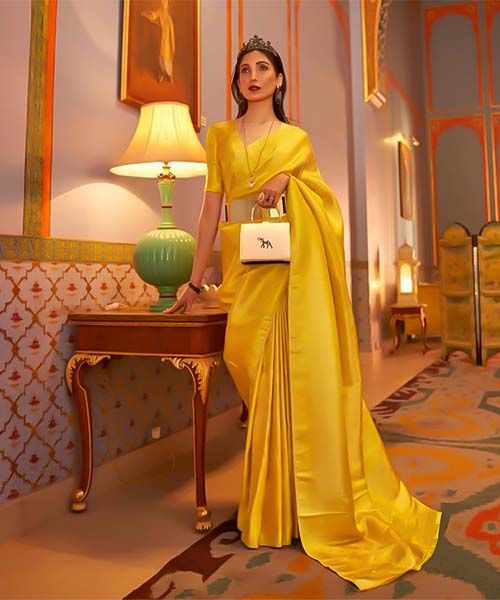 Yellow  Satin Party Wear Saree in middlesbrough