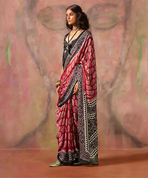Red  Satin Georgette  Printed Saree in poole