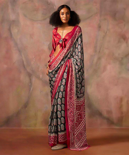 Black Satin Georgette  Printed Saree in poole
