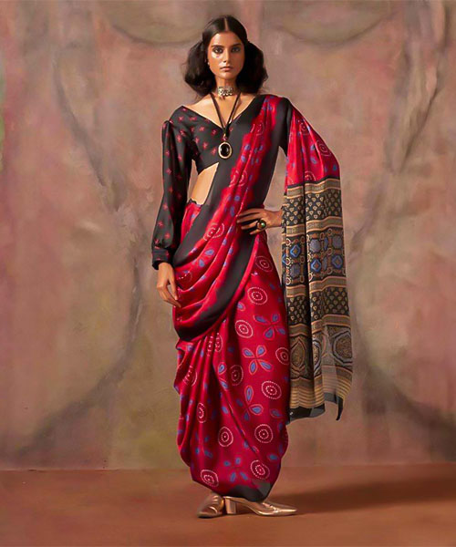 Red  Satin Georgette  Printed Saree in poole