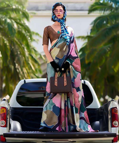 Pink  Satin Creap Casual Wear Saree in cardiff