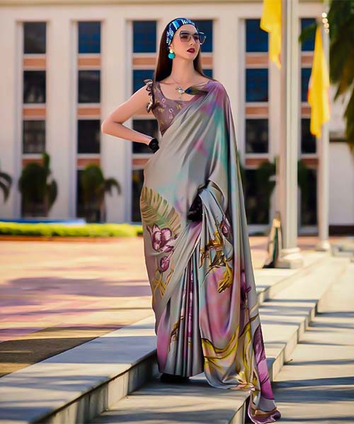 Grey  Satin Creap Casual Wear Saree in cardiff