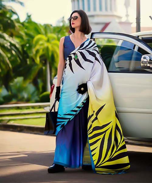 White  Satin Creap Casual Wear Saree