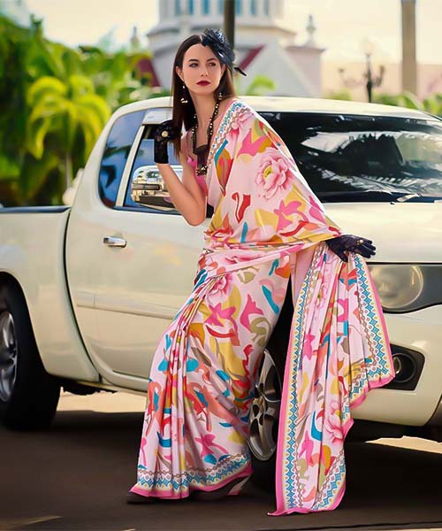 Pink  Satin Creap Casual Wear Saree