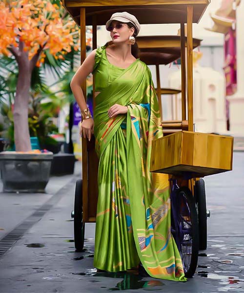 Green Satin Creap Casual Wear Saree