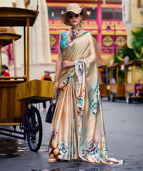 Brown  Satin Creap Casual Wear Saree