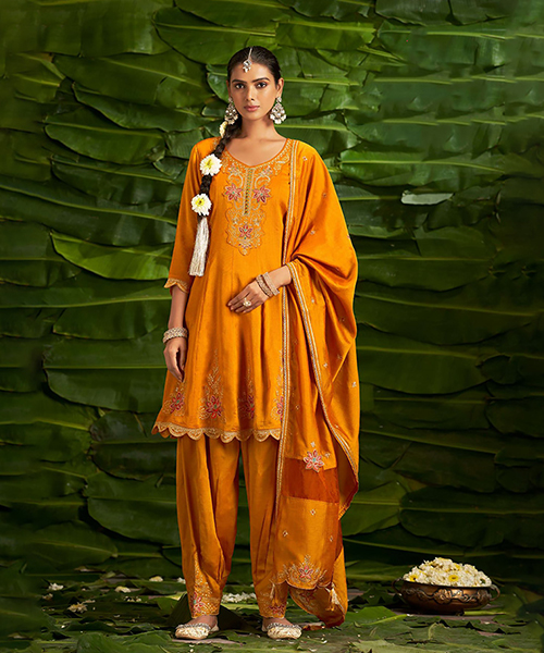 Dark Orange Silk PartyWear Kurti