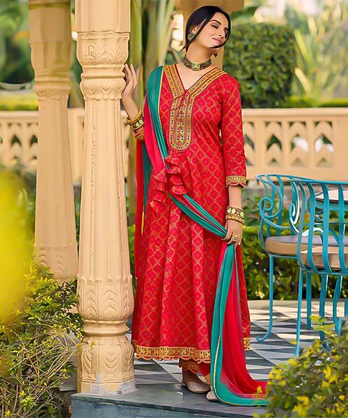 Red Cotton Casual Wear Salwar Kameez