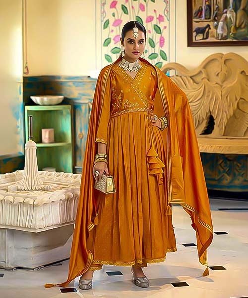 Orange Silk Casual Wear Salwar Kameez