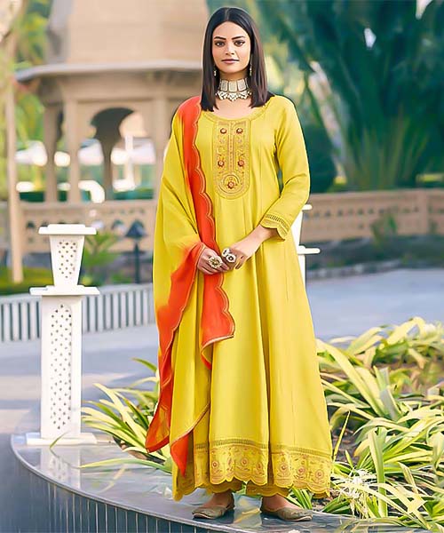 Yellow Viscose Jacquard  Casual Wear Salwar Kameez in europe