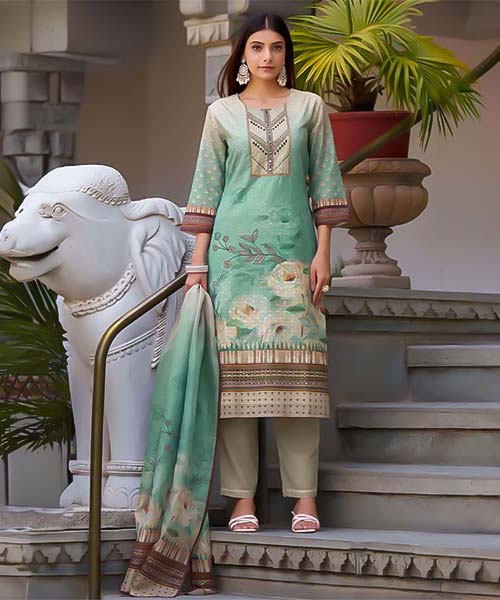 Cyan Cotton Casual Wear Salwar Kameez