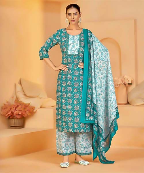 Cyan  Cotton Casual Wear Salwar Kameez in oxford