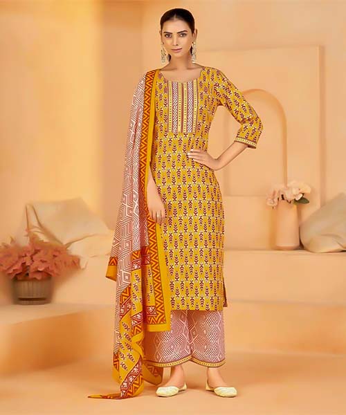 Yellow Cotton Casual Wear Salwar Kameez in oxford