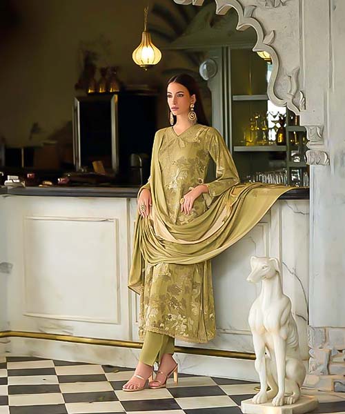 Olive Green  Viscose Muslin Casual Wear Salwar Kameez