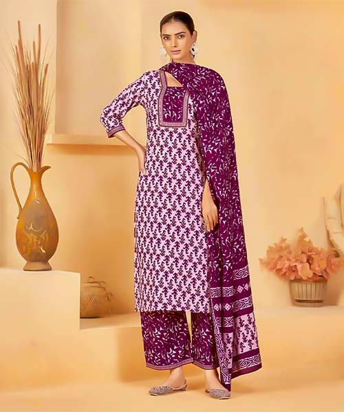 Violet Cotton Casual Wear Salwar Kameez in oxford