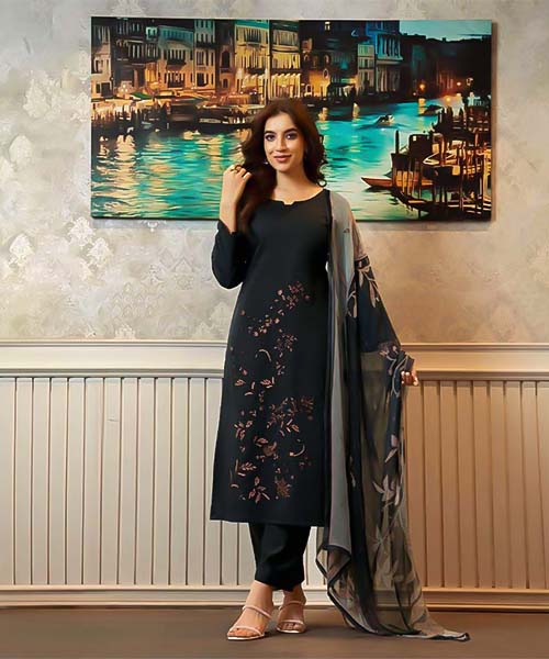 Black  Jam Satin Casual Wear Salwar Kameez in swansea