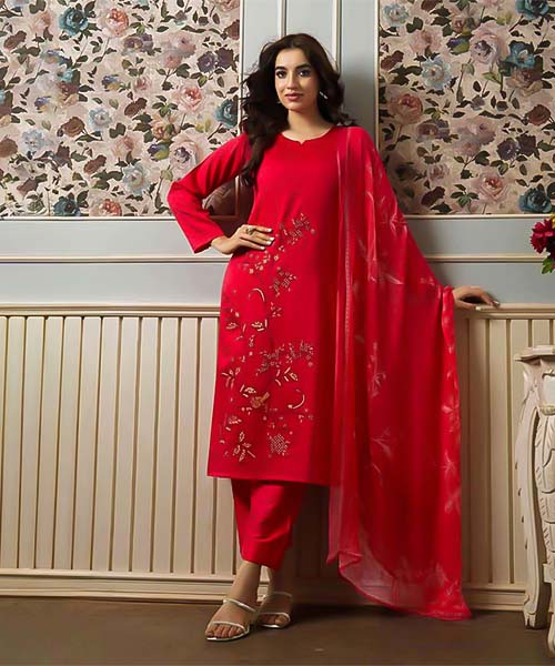 Red Jam Satin Casual Wear Salwar Kameez in swansea