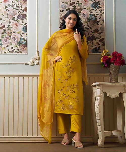 Yellow Jam Satin Casual Wear Salwar Kameez in swansea