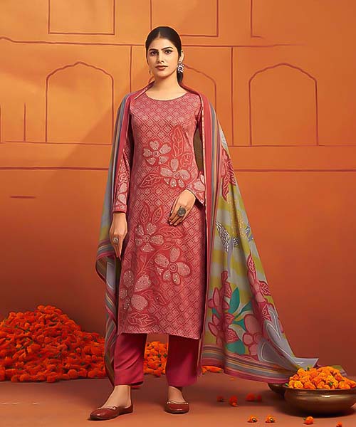 Red Jam Satin Casual Wear Salwar Kameez