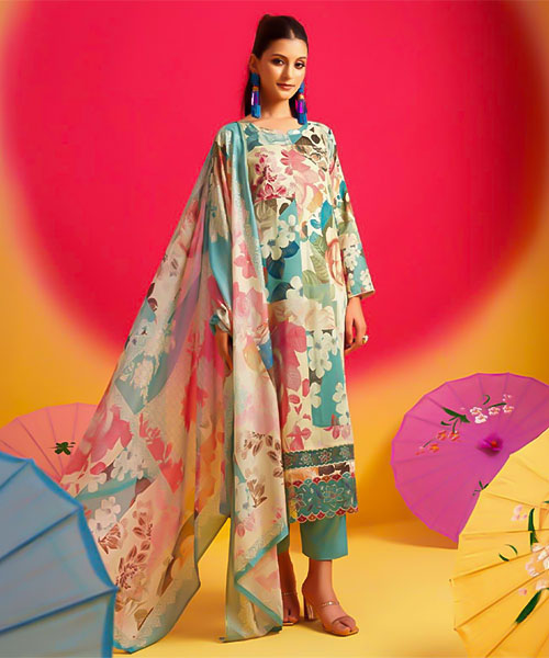Cyan Jam Satin Casual Wear Salwar Kameez in oxford