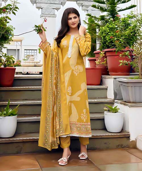 Yellow Cotton Jam Satin Casual Wear Salwar Kameez in lichfield