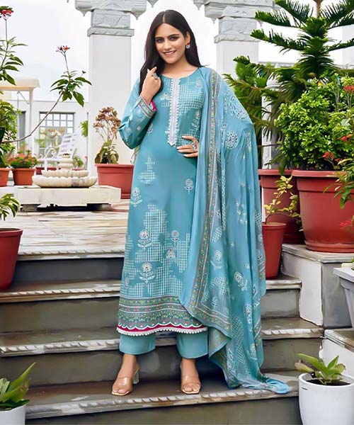 Blue Cotton Jam Satin Casual Wear Salwar Kameez in lichfield