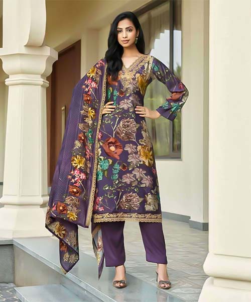 Violet Viscose Muslin Party Wear Salwar Kameez in india