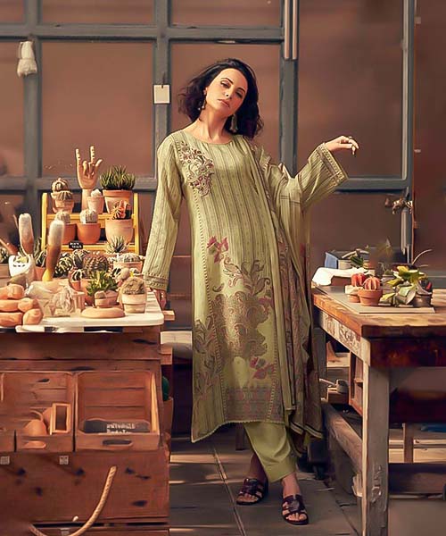 Olive Green Jam Cotton Casual Wear Salwar Kameez