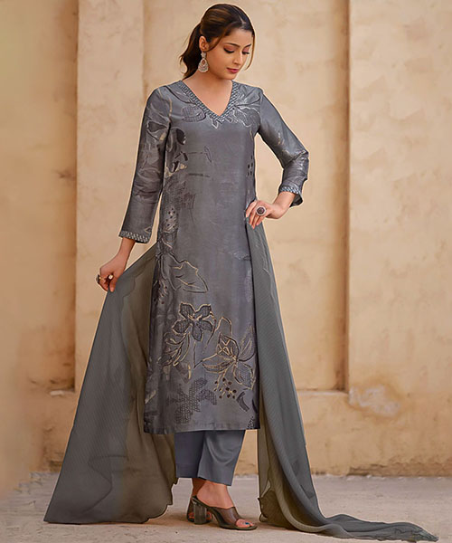 Grey Russian Silk Designer Salwar Kameez