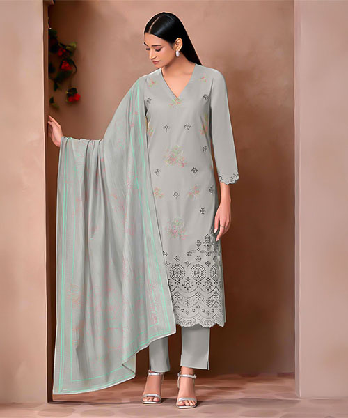 Grey Cotton Lawn  Party Wear Salwar Kameez