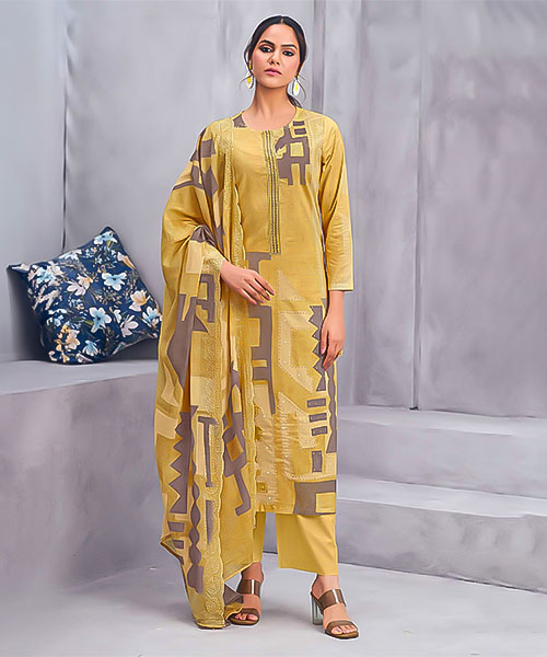 Yellow  Cotton Lawn Casual Wear Salwar Kameez