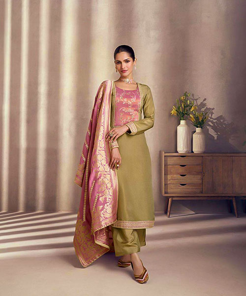 Olive Green Simar Silk Party Wear Salwar Kameez