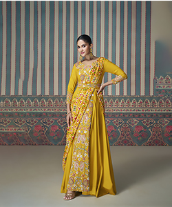 Yellow Chinon Silk Designer Gown