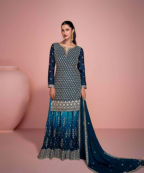 Blue Chinon Silk Designer Salwar Kameez