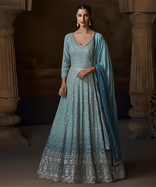 Sky Blue Chinon Silk Designer Salwar Kameez