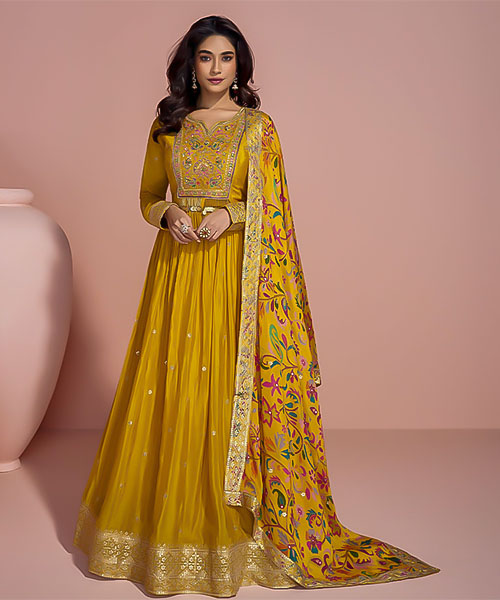 Yellow  Chinon Silk Designer Salwar Kameez in delhi