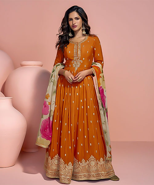 Orange Chinon Silk Designer Salwar Kameez in delhi