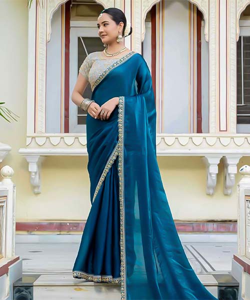 Blue  Satin Party Wear Saree in bolton
