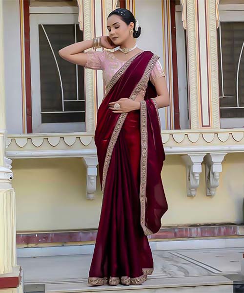 Red Satin Party Wear Saree in bolton